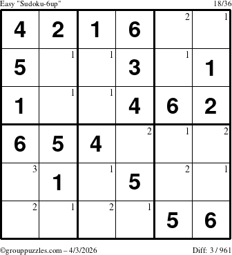 The grouppuzzles.com Easy Sudoku-6up puzzle for Friday April 3, 2026 with the first 3 steps marked