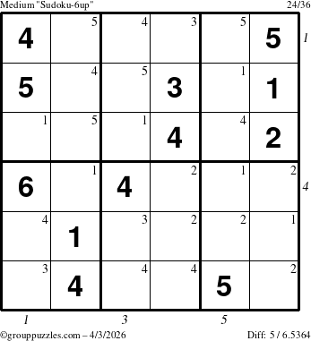 The grouppuzzles.com Medium Sudoku-6up puzzle for Friday April 3, 2026 with all 5 steps marked
