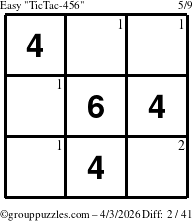 The grouppuzzles.com Easy TicTac-456 puzzle for Friday April 3, 2026 with the first 2 steps marked