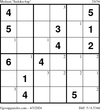 The grouppuzzles.com Medium Sudoku-6up puzzle for Friday April 3, 2026 with the first 3 steps marked