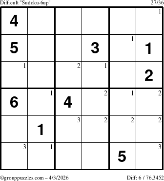 The grouppuzzles.com Difficult Sudoku-6up puzzle for Friday April 3, 2026 with the first 3 steps marked