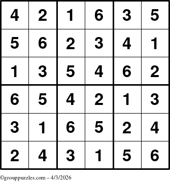 The grouppuzzles.com Answer grid for the Sudoku-6up puzzle for Friday April 3, 2026
