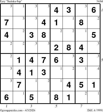 The grouppuzzles.com Easy Sudoku-8up puzzle for Friday April 3, 2026, suitable for printing, with all 4 steps marked