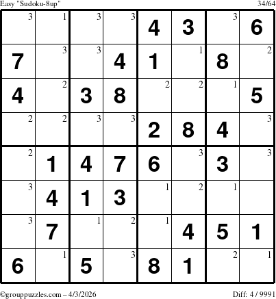 The grouppuzzles.com Easy Sudoku-8up puzzle for Friday April 3, 2026 with the first 3 steps marked