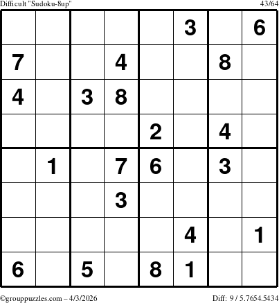 The grouppuzzles.com Difficult Sudoku-8up puzzle for Friday April 3, 2026