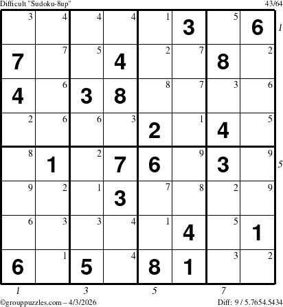 The grouppuzzles.com Difficult Sudoku-8up puzzle for Friday April 3, 2026 with all 9 steps marked