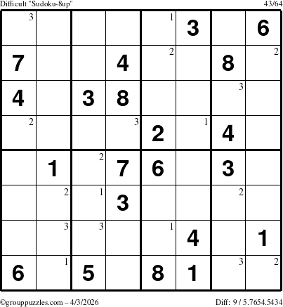 The grouppuzzles.com Difficult Sudoku-8up puzzle for Friday April 3, 2026 with the first 3 steps marked