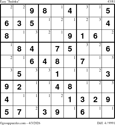 The grouppuzzles.com Easy Sudoku puzzle for Friday April 3, 2026 with the first 3 steps marked