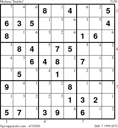 The grouppuzzles.com Medium Sudoku puzzle for Friday April 3, 2026, suitable for printing, with all 7 steps marked