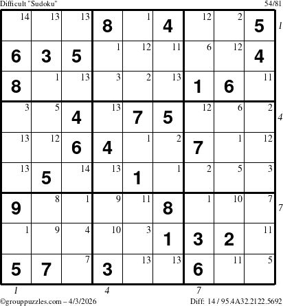 The grouppuzzles.com Difficult Sudoku puzzle for Friday April 3, 2026, suitable for printing, with all 14 steps marked