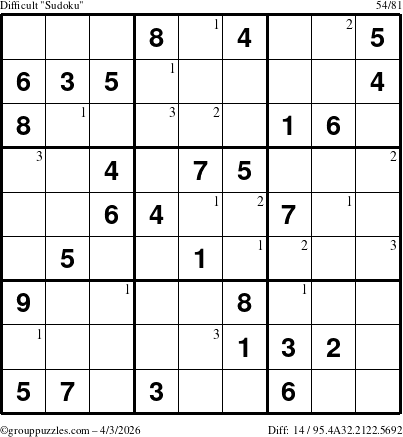 The grouppuzzles.com Difficult Sudoku puzzle for Friday April 3, 2026 with the first 3 steps marked