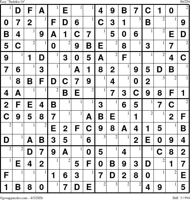 The grouppuzzles.com Easy Sudoku-16 puzzle for Friday April 3, 2026 with the first 3 steps marked