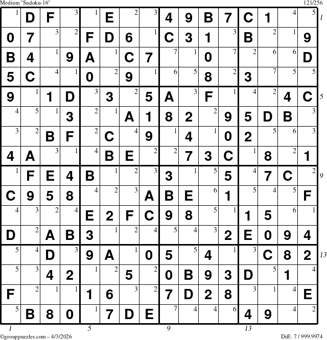 The grouppuzzles.com Medium Sudoku-16 puzzle for Friday April 3, 2026, suitable for printing, with all 7 steps marked