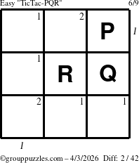 The grouppuzzles.com Easy TicTac-PQR puzzle for Friday April 3, 2026, suitable for printing, with all 2 steps marked