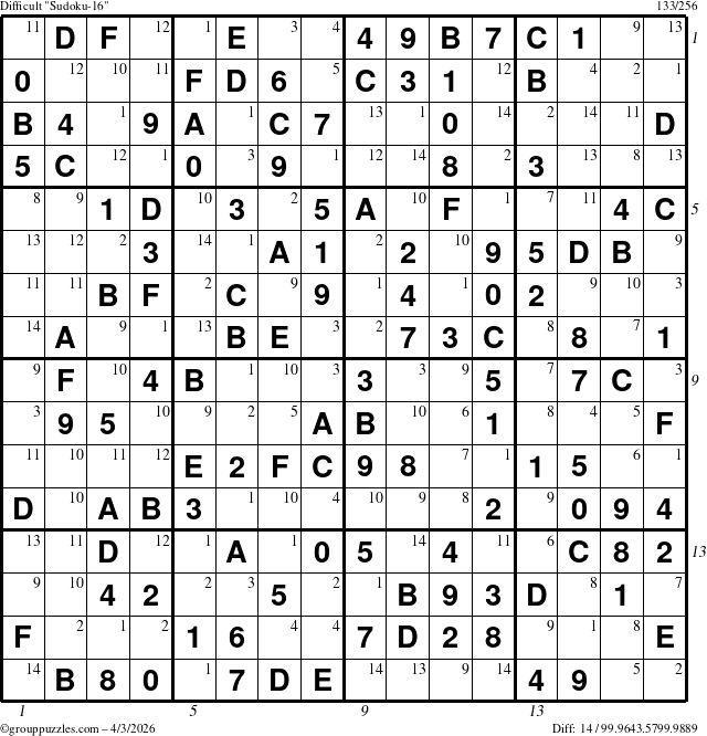 The grouppuzzles.com Difficult Sudoku-16 puzzle for Friday April 3, 2026 with all 14 steps marked