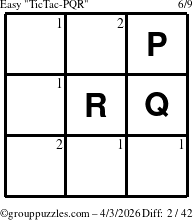 The grouppuzzles.com Easy TicTac-PQR puzzle for Friday April 3, 2026 with the first 2 steps marked