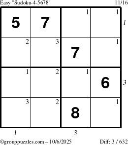 The grouppuzzles.com Easy Sudoku-4-5678 puzzle for Monday October 6, 2025, suitable for printing, with all 3 steps marked