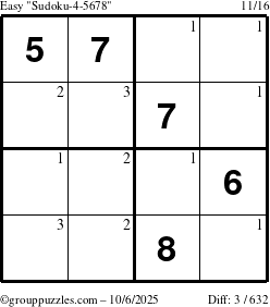 The grouppuzzles.com Easy Sudoku-4-5678 puzzle for Monday October 6, 2025 with the first 3 steps marked