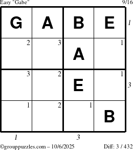 The grouppuzzles.com Easy Gabe puzzle for Monday October 6, 2025 with all 3 steps marked