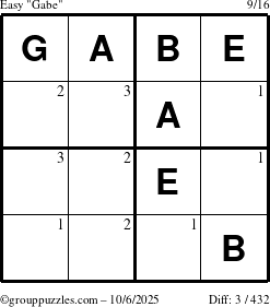 The grouppuzzles.com Easy Gabe puzzle for Monday October 6, 2025 with the first 3 steps marked