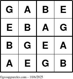 The grouppuzzles.com Answer grid for the Gabe puzzle for Monday October 6, 2025
