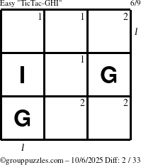 The grouppuzzles.com Easy TicTac-GHI puzzle for Monday October 6, 2025, suitable for printing, with all 2 steps marked