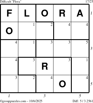 The grouppuzzles.com Difficult Flora puzzle for Monday October 6, 2025, suitable for printing, with all 5 steps marked