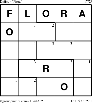 The grouppuzzles.com Difficult Flora puzzle for Monday October 6, 2025 with the first 3 steps marked