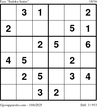 The grouppuzzles.com Easy Sudoku-Junior puzzle for Monday October 6, 2025
