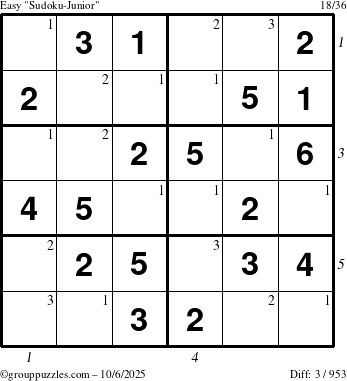 The grouppuzzles.com Easy Sudoku-Junior puzzle for Monday October 6, 2025 with all 3 steps marked