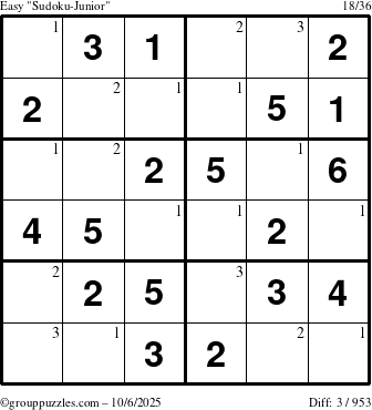 The grouppuzzles.com Easy Sudoku-Junior puzzle for Monday October 6, 2025 with the first 3 steps marked