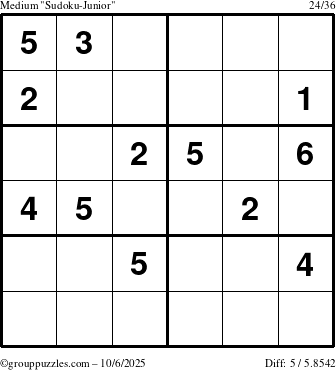 The grouppuzzles.com Medium Sudoku-Junior puzzle for Monday October 6, 2025