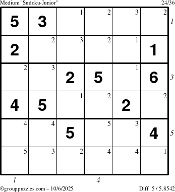 The grouppuzzles.com Medium Sudoku-Junior puzzle for Monday October 6, 2025, suitable for printing, with all 5 steps marked