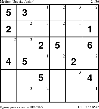The grouppuzzles.com Medium Sudoku-Junior puzzle for Monday October 6, 2025 with the first 3 steps marked