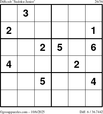 The grouppuzzles.com Difficult Sudoku-Junior puzzle for Monday October 6, 2025