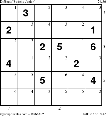 The grouppuzzles.com Difficult Sudoku-Junior puzzle for Monday October 6, 2025 with all 6 steps marked