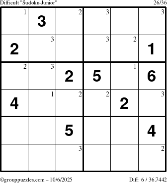 The grouppuzzles.com Difficult Sudoku-Junior puzzle for Monday October 6, 2025 with the first 3 steps marked