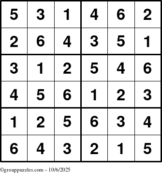 The grouppuzzles.com Answer grid for the Sudoku-Junior puzzle for Monday October 6, 2025
