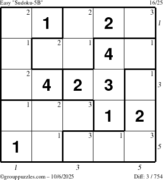The grouppuzzles.com Easy Sudoku-5B puzzle for Monday October 6, 2025 with all 3 steps marked