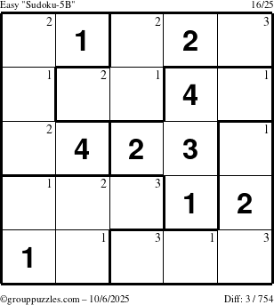 The grouppuzzles.com Easy Sudoku-5B puzzle for Monday October 6, 2025 with the first 3 steps marked