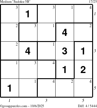 The grouppuzzles.com Medium Sudoku-5B puzzle for Monday October 6, 2025 with all 4 steps marked