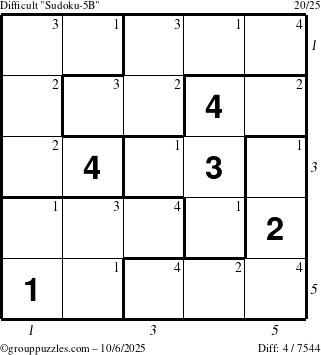 The grouppuzzles.com Difficult Sudoku-5B puzzle for Monday October 6, 2025, suitable for printing, with all 4 steps marked