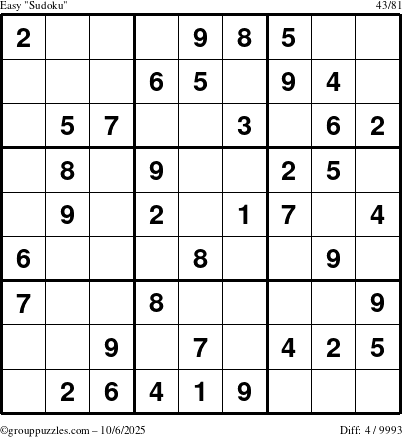 The grouppuzzles.com Easy Sudoku puzzle for Monday October 6, 2025