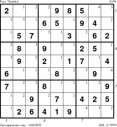 The grouppuzzles.com Easy Sudoku puzzle for Monday October 6, 2025 with all 4 steps marked