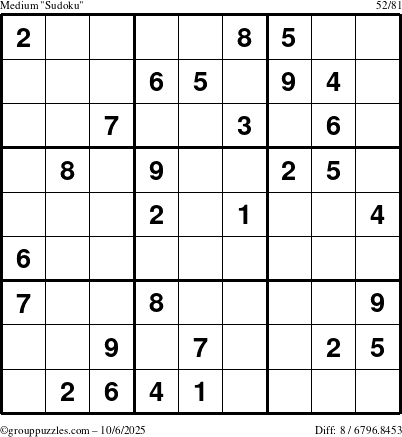 The grouppuzzles.com Medium Sudoku puzzle for Monday October 6, 2025