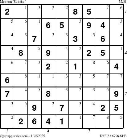 The grouppuzzles.com Medium Sudoku puzzle for Monday October 6, 2025 with all 8 steps marked