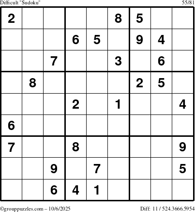 The grouppuzzles.com Difficult Sudoku puzzle for Monday October 6, 2025