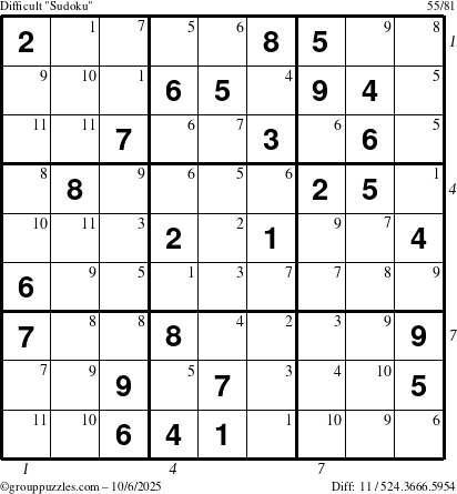 The grouppuzzles.com Difficult Sudoku puzzle for Monday October 6, 2025 with all 11 steps marked