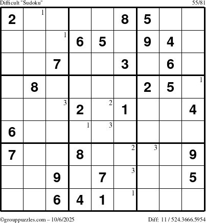 The grouppuzzles.com Difficult Sudoku puzzle for Monday October 6, 2025 with the first 3 steps marked
