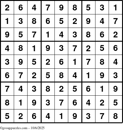 The grouppuzzles.com Answer grid for the Sudoku puzzle for Monday October 6, 2025
